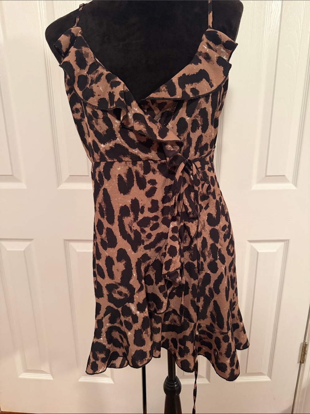 Leopard Print Ruffle Wrap Midi Dress - Brown/Black